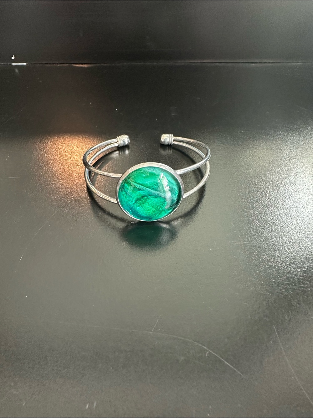 Silver-Tone Cuff Bracelet with Green Round Stone